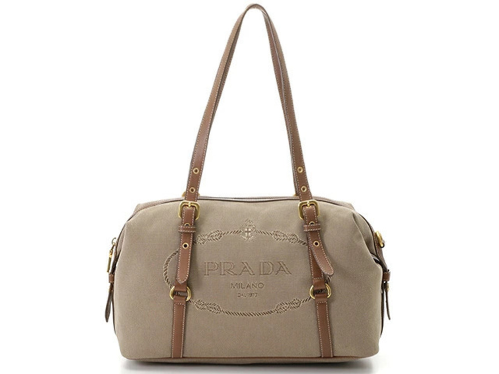Prada Jacquard Shoulder Bag Beige Cream Dark Brown Tote